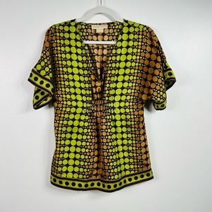 Michael Kors 100% Silk Green Brown Polka Dot Blouse Size XS
